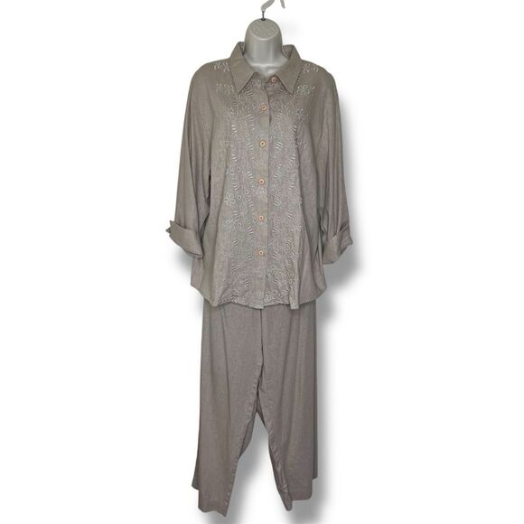 Vicki Waynes Linen Blend Tan Embroidered Button Top Pull On Pant Set Women 20 - Picture 1 of 16
